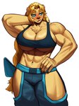 abs anthro big_breasts blonde_hair blue_background blue_eyes breasts cleavage clothed clothing female fur hair hands_behind_head legwear midriff muscular muscular_anthro muscular_female muscular_legs navel plantigrade simple_background solo standing tan_body tan_fur under_boob sotcho dog_knight_rpg jeane_(ceehaz) bird_dog canid canine canis domestic_dog golden_retriever hunting_dog mammal pinscher retriever absurd_res hi_res