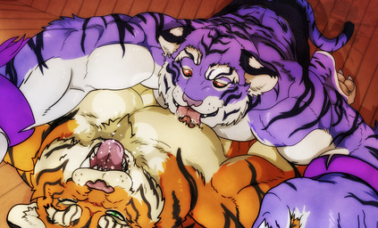 anthro breath clone clothed clothing duo fur high-angle_view kneeling kneeling_on_ground licking male male/male male_anthro markings muscular muscular_anthro muscular_male narrowed_eyes nipple_fetish nipple_lick nipple_play nipples orange_body orange_fur panting pec_lick purple_body purple_fur red_eyes striped_body striped_markings stripes tongue topless topless_anthro topless_male audiophilliac bloody_roar konami long_shin shenlong_(bloody_roar) animal_humanoid felid felid_humanoid humanoid mammal mammal_humanoid pantherine pantherine_humanoid tiger tiger_humanoid hi_res
