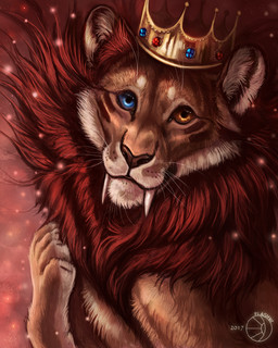 abstract_background black_nose blue_eyes crown detailed_fur fangs feral front_view fur gem headgear heterochromia horn inner_ear_fluff king long_mouth looking_at_viewer male mane markings orange_eyes orange_sclera particles paws red_body red_fur red_mane red_markings retractable_claws royalty sabertooth_(anatomy) smile snout solo tan_body tan_fur teeth tuft whiskers white_body white_fur wind flashw nwabudike_(moonbittergoddess) felid lion mammal pantherine 2017 bust_portrait detailed digital_media_(artwork) digital_painting_(artwork) painting_(artwork) portrait