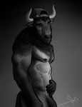 abs anthro backwards_baseball_cap backwards_hat baseball_cap beard biceps clothing eyes_closed facial_hair flaccid fur genitals hat headgear headwear horn male muscular muscular_anthro muscular_male nipples nude pecs penis simple_background smile solo bgn andreas_(apis_ger) bison bovid bovine mammal black_and_white monochrome