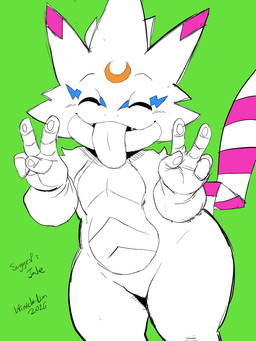 anthro clothing eyes_closed gesture gloves green_background hand_gesture handwear long_tongue male simple_background smile solo tongue v_sign wide_hips winick-lim bandai_namco digimon digimon_(species) gekkomon 3:4