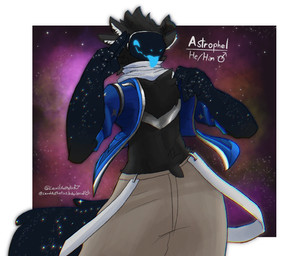 anthro astrophel_(lewdaesthetics) black_body black_fur blue_clothing blue_eyes blue_jacket blue_topwear bottomwear clothing cosmic_background fur glowing glowing_eyes jacket machine male mischievous_smile pants sky smile solo star starry_background starry_body starry_sky tan_bottomwear tan_clothing tan_pants tongue tongue_out topwear white_sash lewdaesthetics humanoid protogen hi_res