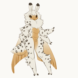 4_arms antennae_(anatomy) anthro arm_tuft arthropod_abdomen black_eyes claws crotch_tuft elbow_tuft female fluffy fur hand_on_hip leopard_spots markings multi_arm multi_limb neck_tuft open_mouth open_smile orange_body orange_fur orange_skin simple_background smile solo spots spotted_markings standing thick_thighs tuft white_background white_body white_fur wings tateoftot arthropod insect lepidopteran moth 1:1 hi_res