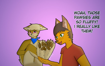 anthro blush claws dialogue duo feet foot_fetish foot_grab male pawpads paws raised_paw shy speech_bubble teasing text toe_claws anthony444333 anthony_proxy charlie_da_wolf canid canine felid mammal absurd_res english_text hi_res