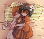 duo eyewear female fur glasses hug male orange_body orange_fur pillow smile white_body white_fur acomfyblanket eiko fyari_(fyari) ailurid lagomorph leporid mammal rabbit red_panda hi_res