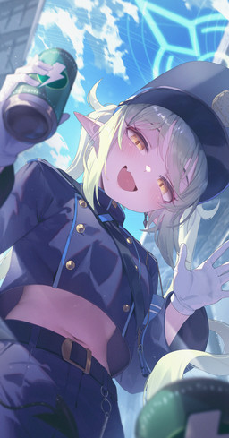 beverage blue_clothing blue_hat blue_headwear bottomwear clothing cute_fangs energy_drink fangs female female_humanoid gloves green_hair hair halo handwear hat headgear headwear midriff navel open_mouth pointy_ears prick_ears shorts tail teeth whistle_(object) white_clothing white_gloves white_handwear yellow_eyes young young_female young_humanoid sushispin blue_archive nozomi_(blue_archive) demon demon_humanoid humanoid tailed_humanoid absurd_res hi_res