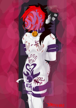 anthro bell bell_collar bite_mark bite_mark_on_chest bite_mark_on_shoulder black_hair bodily_fluids body_writing bound cage collar cum cum_drip cum_on_self dripping ejaculation femboy fog genital_fluids hair heart_nipples hypnosis male mask mind_control nipples piercing red_hair shaking shivering solo tally_marks text western_tally_marks white_body white_skin writing_on_belly writing_on_chest writing_on_thigh just_dryvern felid feline mammal absurd_res english_text hi_res