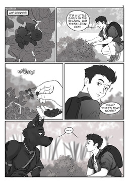 anthro arm_tattoo berry comic_panel dialogue duo food forest forest_background fruit jewelry male narration nature nature_background necklace plant shrub speech_bubble tattoo tattoo_on_shoulder text text_box tree tribal tribal_clothing alphasabre ansel_(alphasabre) silas_(alphasabre) canid canine canis human mammal wolf comic english_text greyscale hi_res monochrome