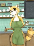 anthro breastmilk breasts container cup female holding_container holding_cup holding_object holding_pen nipple_outline pen solo thick_thighs msboin aggretsuko i_mean_breast_milk sanrio retsuko ailurid mammal red_panda 3:4 hi_res meme