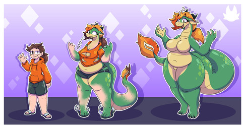 anthro blonde_hair body_size_growth bottomwear breast_growth breasts brown_hair clothing eyewear featureless_breasts featureless_crotch female gender_transformation glasses green_body green_scales growth hair male mtf_transformation navel nude open_mouth ponytail rectangular_glasses scales shorts simple_background size_transformation slightly_chubby smile solo standing tail tail_growth transformation weight_gain snickerlewdles mythology dragon human mammal mythological_creature mythological_scalie scalie 2024 absurd_res digital_media_(artwork) hi_res sequence