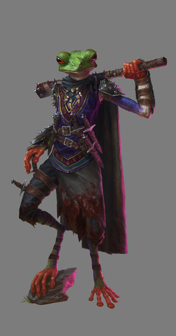 5_fingers anthro armor blue_clothing clothing club_(weapon) fingers front_view green_body grey_background holding_club holding_melee_weapon holding_object holding_weapon knife looking_at_viewer male melee_weapon pauldron rock scar simple_background solo standing weapon lie_setiawan paizo pathfinder amphibian frog hi_res official_art