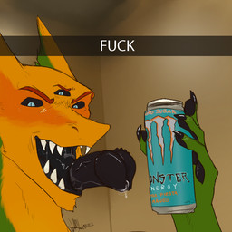 anthro black_penis blue_eyes bodily_fluids dripping equine_penis_tongue genital_fluids genitals holding_object looking_at_viewer male multi_eye multicolored_body penis penis_tongue precum precum_drip profanity solo teeth teeth_showing text tongue unusual_anatomy unusual_genitalia_placement unusual_penis_placement unknown_artist monster_energy gemini_the_sergal sergal 1:1 english_text