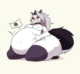 alternative_fashion anthro belly belly_grab belly_overhang belly_squish big_belly big_breasts big_butt black_claws black_clothing black_ears black_eyebrows black_legwear black_nose black_tail breasts butt claws clothing collar ear_piercing eyebrows female goth grey_hair hair hand_on_belly hand_on_own_belly huge_belly huge_butt huge_thighs kneeling legwear navel notched_ear obese obese_female overweight overweight_female piercing red_sclera simple_background solo spiked_collar spikes squish tail teeth thick_thighs three-quarter_view two_tone_tail vore weight_gain white_background white_body white_eyes white_inner_ear white_tail aplefrit hellaverse helluva_boss mythology loona_(helluva_boss) canid canid_demon canine demon hellhound mammal mythological_canine mythological_creature 2026 colored digital_media_(artwork) hi_res shaded