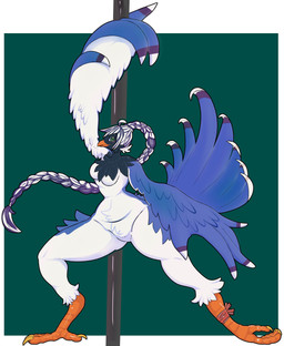 anthro beak belly big_hands black_body black_feathers blue_body blue_feathers blush braided_hair braided_ponytail breasts claws crotch_tuft dancing feathers featureless_breasts featureless_crotch feet female fluffy green_eyes hair holding_pole large_talons looking_at_viewer medium_breasts neck_tuft non-mammal_breasts nude nude_female orange_beak pole pole_dancing ponytail small_waist smile solo standing tail tail_feathers talons thick_thighs toe_claws toes tuft white_body white_feathers white_hair wide_hips winged_arms wings syonbori2096 cissa_(idorrth) avian bird corvid magpie_(corvid) oscine passerine absurd_res digital_media_(artwork) hi_res