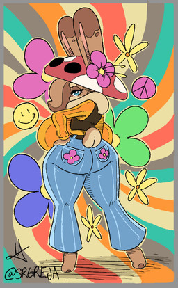 1960s_theme abstract_background accessory anthro bell-bottoms belt big_breasts blue_eyes bottomwear breasts brown_body brown_fur butt clothing denim denim_bottomwear denim_clothing eyelashes female floral_pattern flower flower_in_hair fur furgonomic_bottomwear furgonomics grey_outline hair hair_accessory half-closed_eyes hand_on_hip huge_breasts jeans looking_at_viewer looking_back looking_back_at_viewer mushroom_cap narrowed_eyes outline pants peace_symbol plant rear_view smiley_face solo spiral_background sweater tail topwear vest yellow_clothing yellow_sweater yellow_topwear srgreja hazel_(shakotanbunny) lagomorph leporid mammal rabbit signature