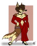 anthro blue_eyes breasts brown_body brown_fur clothed clothing cutout evening_gown female footwear fur hair high_heels looking_at_viewer narrowed_eyes navel_cutout pose shoes simple_background slit_dress smile solo thick_thighs yellow_sclera unclescooter lucy_lupa canid canine canis mammal wolf 2017 4:5 digital_media_(artwork) pinup