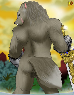anthro armor balls body_hair butt clothing fangs gauntlets genitals gloves hairy_balls handwear looking_back male melee_weapon nude solo sword teeth weapon moon_pearl succubi_samus elden_ring fromsoftware blaidd_(elden_ring) canid canine canis mammal wolf absurd_res hi_res signature