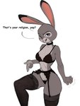 anthro breasts butt clothed clothing dialogue female fur garter_belt garter_straps grey_body grey_fur looking_at_viewer purple_eyes simple_background smile solo text reinecke disney zootopia judy_hopps european_rabbit lagomorph leporid mammal oryctolagus rabbit 2024 digital_media_(artwork) english_text hi_res sketch