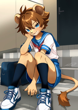 anthro black_body black_fur black_nose blue_eyes bottomwear brown_hair clothed clothing footwear fur hair kemono kerchief long_socks male messenger_bag red_kerchief sailor_uniform school_uniform shoes shorts sitting slim slim_anthro slim_male sneakers socks solo tail tan_body tan_fur uniform young young_anthro young_male netiel felid lion mammal pantherine 2026 hi_res