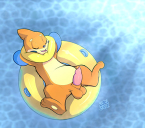 3_toes animal_genitalia anthro arm_fin ball_tuft balls blue_fin blue_nose erection eyes_closed facial_markings feet fin genitals glistening glistening_genitalia glistening_penis head_markings inflatable inner_tube lying male markings nude_anthro nude_male on_back open_mouth orange_balls orange_body penis pink_penis pool_float sheath slightly_chubby slightly_chubby_anthro slightly_chubby_male solo tan_body toes tuft water zriartz nintendo pokemon buizel generation_4_pokemon pokemon_(species) 2022 signature