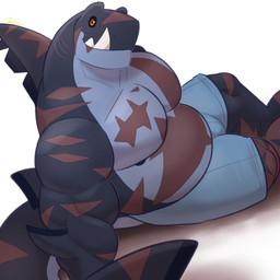 anthro black_sclera bottomwear clothed clothing dorsal_fin fangs fin gills grey_body looking_at_viewer lounging male musclegut muscular muscular_anthro muscular_arms muscular_male orange_eyes pecs scar scars_all_over shorts smile solo teeth topless topless_anthro topless_male same22shark nelson_(same22shark) aquatic fish shark 1:1 2022 digital_media_(artwork) hi_res