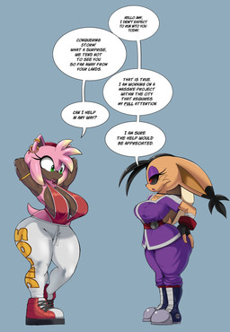 alternate_color anthro armlet big_breasts big_butt black_boots black_clothing black_fingerless_gloves black_footwear black_gloves black_hair black_handwear black_sclera blonde_highlights boots bottomwear breasts brown_body brown_fur butt cleavage clothed clothed_female clothing dialogue duo ear_piercing ear_ring eye_contact eyelashes eyeshadow female fingerless_gloves footwear fur gloves green_eyes grey_background hair hand_on_butt hands_behind_head handwear highlights_(coloring) linked_speech_bubble looking_at_another makeup name_in_dialogue open_mouth pants piercing pink_body pink_fur purple_bottomwear purple_clothing purple_eyeshadow purple_pants purple_topwear race_swap red_clothing red_eyes red_footwear red_shoes red_topwear ring_piercing shoes simple_background speech_bubble standing talking_to_another tan_body tan_fur text topwear white_bottomwear white_clothing white_pants white_sclera kappa_spark archie_comics sega sonic_the_hedgehog_(archie) sonic_the_hedgehog_(comics) sonic_the_hedgehog_(series) amy_rose conquering_storm eulipotyphlan felid feline hedgehog lynx mammal 2025 english_text hi_res