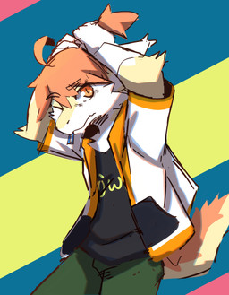 anthro arm_tuft black_clothing black_topwear bottomwear cheek_tuft clothed clothing elbow_tuft facial_tuft fur gloves_(marking) green_bottomwear green_clothing green_pants hair jacket looking_at_viewer male markings orange_clothing orange_eyes orange_hair orange_jacket orange_topwear pants pattern_background simple_background solo striped_background tail topwear tuft white_body white_fur yellow_body yellow_fur kuttoyaki mythology kutto dragon furred_dragon furred_scalie mythological_creature mythological_scalie scalie absurd_res hi_res portrait three-quarter_portrait