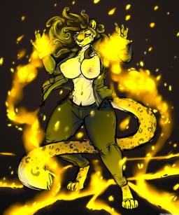 black_hair black_nose bottomwear breasts claws clothed clothing digitigrade dipstick_tail fangs female fire fur hair magic markings multicolored_tail nipples pants pawpads solo spots spotted_body spotted_fur tail tail_markings teeth topwear white_body white_fur yellow_eyes danji-isthmus tybalt_caveny felid leopard mammal pantherine 2020 dated digital_drawing_(artwork) digital_media_(artwork) hi_res watermark
