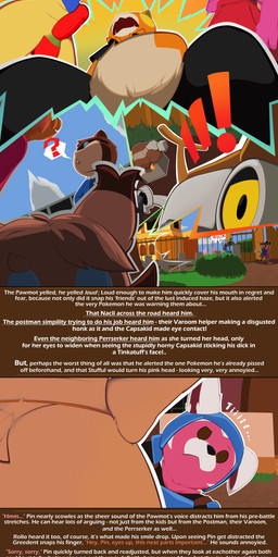 anthro armor body_armor dialogue female group male outside shadow_face surprised text young jaylus_t_meowstic nintendo pokemon pokemon_mystery_dungeon spike_chunsoft capsakid generation_5_pokemon generation_7_pokemon generation_8_pokemon generation_9_pokemon greedent patrat pawmot perrserker pokemon_(species) stufful tinkatuff varoom absurd_res comic english_text hi_res tagme