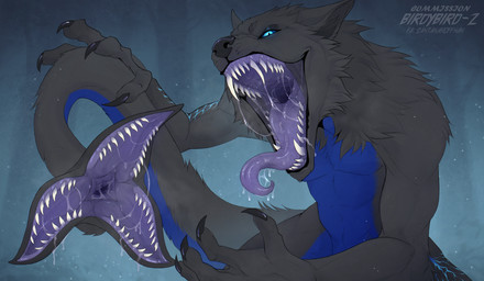 anthro bodily_fluids breath claws dominant dominant_anthro dripping drooling excessive_saliva fangs front_view fur grey_body gullet long_tongue looking_at_viewer male mouth_shot open_mouth presenting saliva saliva_drip saliva_on_tongue saliva_string slime solo tail tail_mouth teasing teasing_viewer teeth teeth_showing throat tongue tongue_out unusual_anatomy unusual_tail warm santanahoffman mythology canid canine canis domestic_dog hybrid mammal monster mythological_canine mythological_creature unknown_species werecanid werecanine werecreature werewolf wolf hi_res