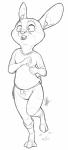 absurd_res anthro barefoot biped black_and_white bottomwear buckteeth cheek_tuft clothed clothing disney earbuds electronics facial_tuft feet fully_clothed fur headphones hi_res judy_hopps lagomorph leporid mammal monochrome pants rabbit running secoh2000 shirt simple_background sketch solo t-shirt teeth topwear tuft white_background zootopia