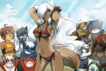 anime_nosebleed anthro beach beak bikini black_nose blood blue_eyes blue_hair blush bodily_fluids breasts brown_hair camera cleavage clothed clothing cloud eye_patch eyewear female gesture glasses grey_hair group hair hand_gesture heart_symbol horn jewelry long_hair male navel necklace nosebleed open_mouth outside red_hair seaside short_hair skimpy sky sparkles stripes sweat sweatdrop swimwear tail thumbs_up topless two-piece_swimsuit under_boob water white_hair kubikitsune mythology avian canid canine dragon felid fox mammal mythological_creature mythological_scalie scalie