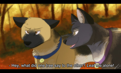 ambiguous_gender black_body black_fur black_nose brown_body brown_eyes brown_fur collar cross-popping_vein dialogue duo fangs feral fur humor looking_at_another open_mouth plant pun shrub simple_background teeth text tongue tree yellow_eyes anonymous_artist canid canine canis mammal wolf 2015 english_text half-length_portrait hi_res portrait