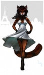 anthro bottomwear breasts city cityscape cleavage clothed clothing curl dress eiffel_tower female one_eye_closed paris skirt solo tail wide_hips wind_lift wink luna-v real_world canid canine fox mammal