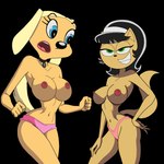 anthro clothed clothing duo female hand_on_hip nipples red_nipples three-quarter_view topless underwear dullehan brandy_and_mr._whiskers disney nickelodeon t.u.f.f._puppy brandy_harrington kitty_katswell canid canine canis domestic_cat domestic_dog felid feline felis mammal 1:1 hi_res