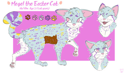 blue_body blue_fur brown_body brown_fur easter_egg feral fur happy holidays male pawpads paws pink_ears pink_eyes pink_nose purple_spots raised_tail shy solo spots tail toony underbelly unimpressed white_body white_fur yellow_spots tolu easter megel domestic_cat felid feline felis leopardus mammal ocelot absurd_res hi_res model_sheet