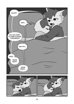 anthro bed bed_sheet bedding cheek_tuft covering cuddling duo eyes_closed facial_tuft floppy_ears furniture hair head_on_chest hug long_sleeve_shirt long_sleeves male male/male open_mouth pillow pivoted_ears tuft yawn young young_anthro young_male minishadefox elliot_vance nico_florence canid canine canis domestic_dog mammal absurd_res black_and_white hi_res monochrome cousins_(lore)