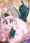 blue_eyes duo fangs female feral fur green_eyes horn insect_wings pink_body pink_fur plushie teeth text tongue tongue_out wings dvixie friendship_is_magic hasbro my_little_pony fan_character fluffle_puff queen_chrysalis_(mlp) arthropod changeling earth_pony equid equine horse mammal pony 2015 absurd_res english_text hi_res