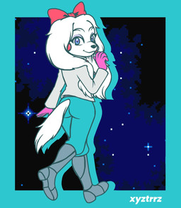 accessory anthro blue_eyes bow_ribbon butt centered_hair_bow clothing eyebrows eyelashes female fur gloves hair_accessory hair_bow hair_ribbon handwear jacket looking_at_viewer looking_back looking_back_at_viewer ribbons smile solo topwear white_body white_fur xyztrrz nintendo star_fox fay_(star_fox) bird_dog canid canine canis domestic_dog hunting_dog mammal spaniel 2026 hi_res