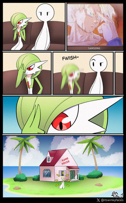 ambiguous_gender building chest_spike clothing dress furniture green_body green_hair group hair house inside island outside palm_tree plant pseudo_clothing red_eyes sitting smile sofa spikes spikes_(anatomy) teleportation tree trio white_body winkyfaces dragon_ball dragon_ball_z nintendo pokemon goku gardevoir generation_3_pokemon humanoid pokemon_(species) 2025 5:8 absurd_res comic crossover digital_drawing_(artwork) digital_media_(artwork) hi_res