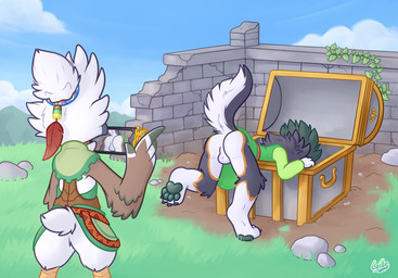 anthro anthrofied backsack balls bent_over bottomless butt clothed clothing day duo feathers genitals grass male male/male multicolored_body multicolored_feathers on_one_leg outside pawpads plant sky standing taking_picture treasure_chest wall_(structure) white_body young young_anthro young_male coille conditional_dnp nintendo the_legend_of_zelda link_(wolf_form) tulin_(tloz) avian canid canine canis mammal rito absurd_res hi_res