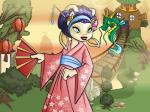 4_ears anthro asian_clothing belt black_hair blue_eyes building clothed clothing detailed_background duo east_asian_clothing fog folding_fan fur grass hair house japanese_clothing kimono lamp lantern lips mountain multi_ear outside plant red_lips smile tree white_body white_fur the_neopets_team mythology neopets aisha_(neopets) dragon felid hegelob mammal mythological_creature mythological_scalie neopet_(species) petpet_(neopets) scalie 4:3 digital_media_(artwork) official_art