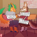 anthro book chair classroom classroom_desk clothed clothing dialogue duo fluffy fluffy_tail fur furniture looking_back male male/male multicolored_body multicolored_fur on_chair paper pen school sitting sitting_on_chair speech_bubble tail text uncomfortable jooper casey_(dmb) canid canine fox mammal 1:1 english_text hi_res