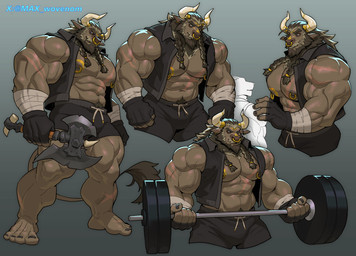 2_horns abs anthro axe barazoku barbell barefoot beard biceps black_bottomwear black_clothing black_shorts black_topwear black_vest blue_eyes bottomwear braided_hair brown_body brown_fur brown_hair chest_scar clothed clothing deltoids exercise facial_hair facial_piercing feet forearm_muscles fur gold_piercing hair holding_axe holding_object horn horn_jewelry horn_ring jewelry looking_at_viewer male muscular muscular_anthro muscular_male mustache nipple_piercing nipple_ring nipples nose_piercing nose_ring open_clothing open_topwear open_vest pecs piercing ring_(jewelry) ring_piercing scar septum_piercing septum_ring shorts shoulder_scar solo standing tail tail_tuft text topwear triceps tuft vein veiny_muscles vest weightlifting weights workout wraps wrist_wraps max_wovenom paladin_(wildigu) bovid bovine cattle mammal 2026 absurd_res artist_name hi_res