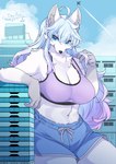 anthro big_breasts blue_bottomwear blue_clothing blue_eyes blue_shorts blue_sky bottomwear breasts city cityscape clothing crop_top day female fur hair macro macro_female playing_with_hair purple_clothing purple_crop_top purple_hair_tips purple_shirt purple_topwear shirt shorts sky solo topwear white_body white_fur white_hair lemoco freya_(frostttz) canid canine fox mammal hi_res