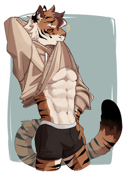 abs anthro black_body black_boxers black_clothing black_fur black_stripes black_underwear boxers_(clothing) brown_body brown_fur bulge chest_tuft clothed clothing clothing_lift countershade_torso countershading fur head_tuft inner_ear_fluff looking_at_viewer male markings navel orange_body orange_fur orange_sclera pecs pink_nose presenting seductive simple_background solo star striped_body striped_fur striped_markings striped_tail stripes sweater sweater_in_mouth sweater_lift tail tail_markings tan_clothing tan_sweater tan_topwear topwear topwear_lift tuft underwear white_body white_countershading white_fur l4ng felid mammal pantherine tiger 2026 digital_drawing_(artwork) digital_media_(artwork) hi_res portrait three-quarter_portrait
