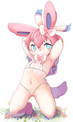 4_toes anthro anthrofied bedroom_eyes bikini black_nose blue_eyes blue_inner_ear blush bow_ribbon clothed clothing feet female flat_chested flower front_view fur genitals hair hands_behind_head innie_vulva iris kemono kneeling leaf leg_markings light light_eyes looking_at_viewer markings monotone_hair monotone_tail multicolored_body multicolored_fur narrowed_eyes navel pink_body pink_ears pink_fur pink_hair pink_markings pink_tail pink_vulva plant plantigrade pokemorph pose pupils seductive simple_background skimpy smile smiling_at_viewer socks_(marking) solo swimwear tail toes triangle_bikini two-piece_swimsuit two_tone_body two_tone_fur vulva white_background white_bikini white_body white_clothing white_fur white_pupils white_swimwear young young_anthro young_female canopus335 nintendo pokemon eeveelution generation_6_pokemon pokemon_(species) sylveon 2022 colored digital_media_(artwork) full-length_portrait hi_res lighting pinup portrait shaded