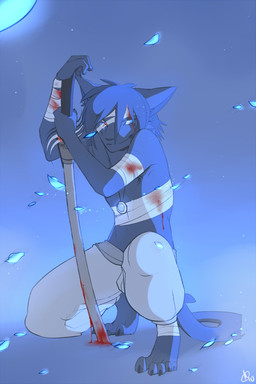 5_toes anthro bandage barefoot biped blood blood_on_bandage blood_on_weapon blue_body blue_eyes blue_fur blue_hair bodily_fluids bottomwear claws clothed clothing feet fur hair holding_melee_weapon holding_object holding_sword holding_weapon jewelry kneeling male melee_weapon necklace pants pendant planted_weapon smile solo sword tail toes topless weapon wind wounded patto domestic_cat felid feline felis mammal 2:3