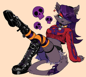 accessory alternative_fashion anthro boot_soles boots bottomwear bow_ribbon cheek_tuft clothing collar crop_top cropped_sweater ear_piercing facial_tuft fangs female fishnet_clothing fishnet_legwear footwear fur furgonomics goth green_sclera grey_body grey_fur hair half-closed_eyes hotpants inner_ear_fluff legwear narrowed_eyes one_fang open_mouth open_smile pattern_clothing pattern_legwear pattern_stockings piercing purple_hair raised_foot ribbons shirt shoes shorts simple_background sitting sitting_on_ground smile solo stockings striped_clothing striped_legwear striped_stockings stripes tail tail_accessory tail_bow tail_ribbon tan_background teeth topwear tuft gutter-bunny domestic_cat felid feline felis mammal absurd_res digital_media_(artwork) hi_res