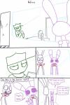 2:3 animatronic anthro bonnie_(fnaf) bow_(feature) bow_tie buckteeth comic dialogue english_text female five_nights_at_freddy's group hi_res human lagomorph leporid machine male mammal mike_schmidt rabbit robot scottgames smile teeth text the_weaver unimpressed weaver_bonnie